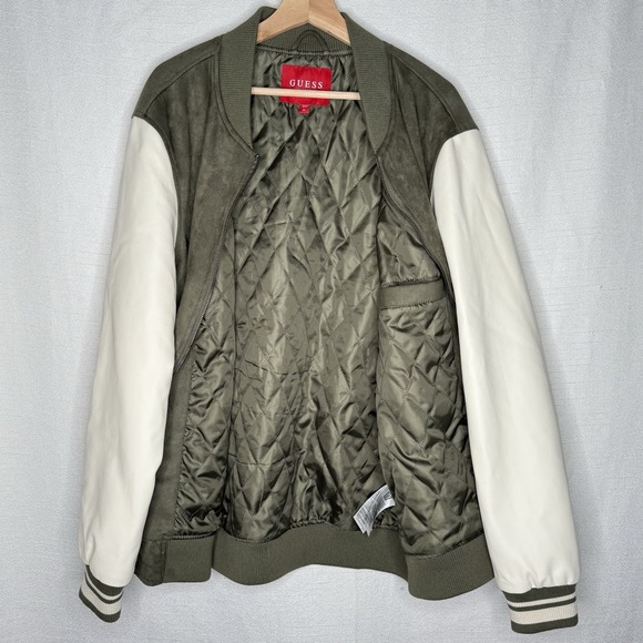 Guess Varsity Bomber Jacket Mens XL Olive Green Faux Suede Leather Logo Trap - Picture 2 of 8